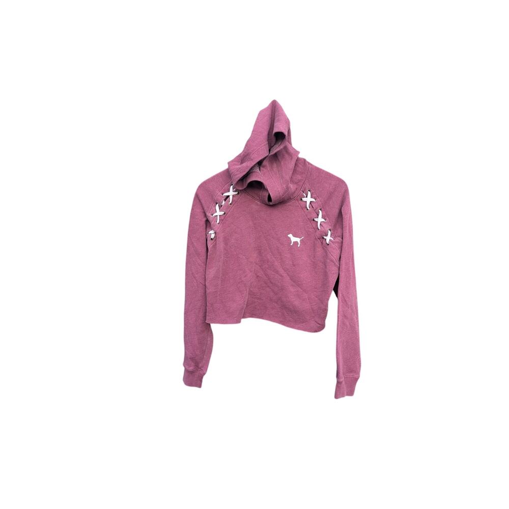 Pink Cropped Raw Hem Grunge Hoodie Long Sleeve Comfortable Fall Pull Over Small